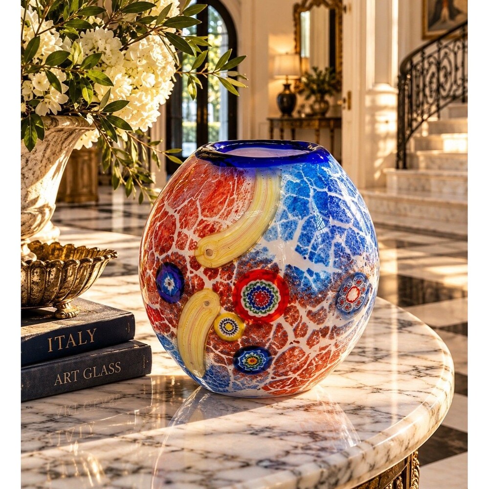 Murano Style Art Glass Vase Millefiori Cobalt Blue Red Yellow 9.5" Hand Blown